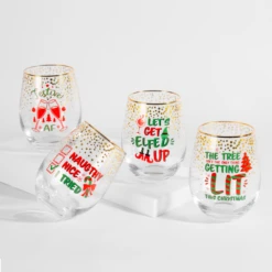 Christmas Gold Foil Stemless Wine Glasses 4 Pack