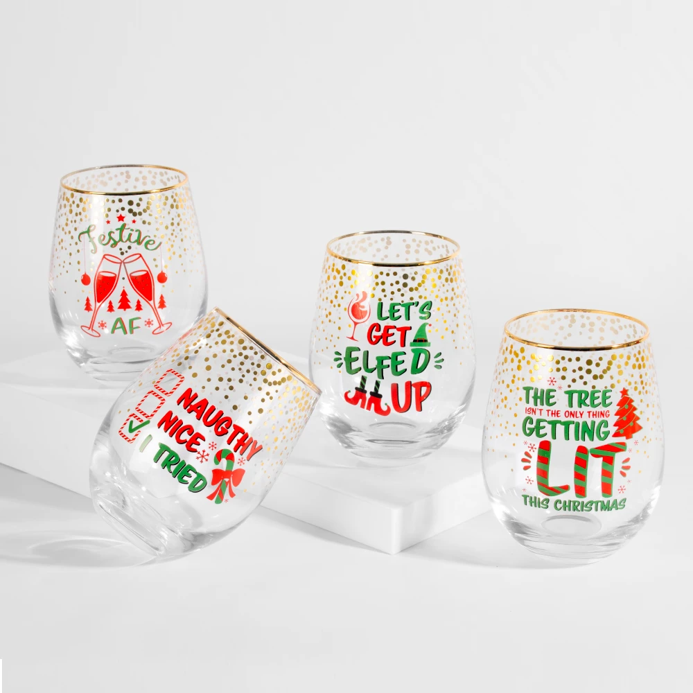 Christmas Gold Foil Stemless Wine Glasses 4 Pack 3 Christmas Gold Foil Stemless Wine Glasses 4 Pack