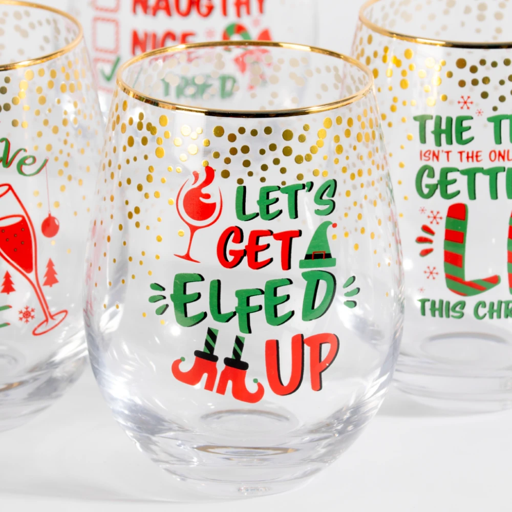 Christmas Gold Foil Stemless Wine Glasses 4 Pack 4 Christmas Gold Foil Stemless Wine Glasses 4 Pack - Image 2