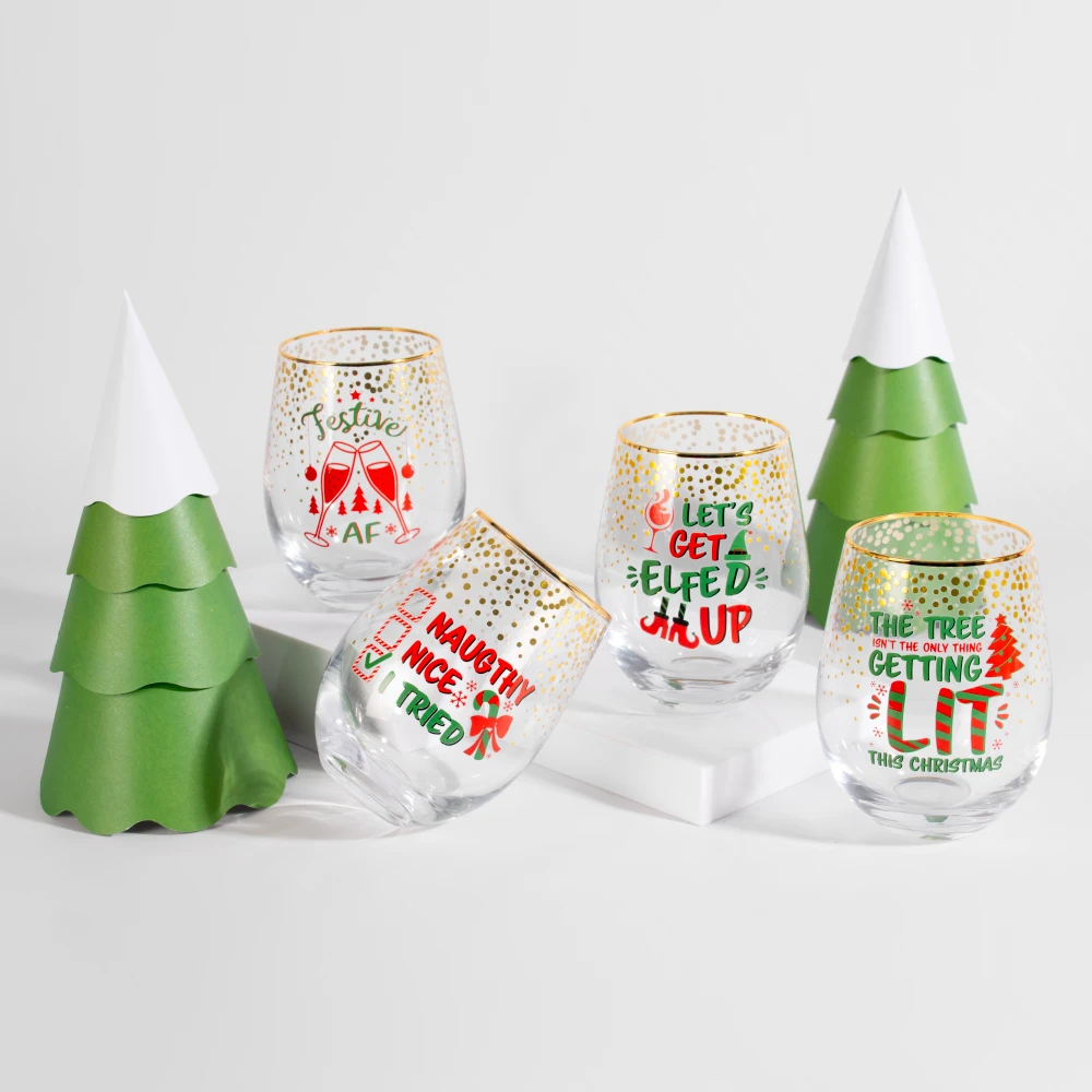 Christmas Gold Foil Stemless Wine Glasses 4 Pack 5 Christmas Gold Foil Stemless Wine Glasses 4 Pack - Image 3